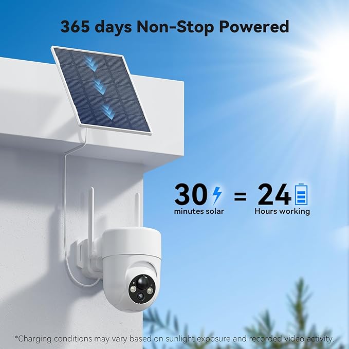 Solar Camera Outdoor Wireless, 2K Color Night Vision, Security Cameras Wireless Outdoor with 360°View, Battery Powered, 2.4GHz WiFi, Instant Alerts, IP65