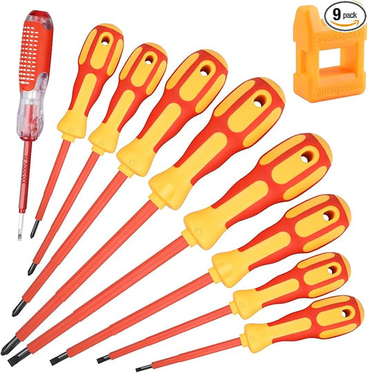 9 Piece 1000V Insulated Electrician Screwdrivers Set with Magnetic Tips, Slotted and Phillips Bits Non-Slip Grip, with 1 Test pen Electrical screwdriver set