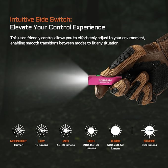 ACEBEAM Keylite 500 High Lumens Keychain Flashlight Rechargeable, Ultra-Compact Flat Pocket EDC Flashlight with Dual LEDs, 6 Modes, Type-C Charging, Small MINI Flash Light for Emergency, Home, Outdoor