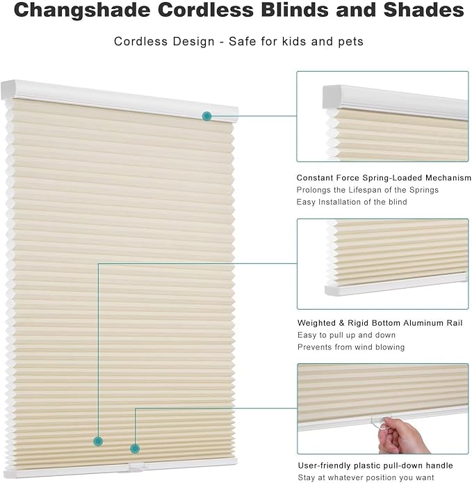Changshade Cordless Cellular Shades, Light Filtering Honeycomb Shades for Windows, Pull Down Pleated Blinds, Easy to Install for Indoor Windows and French Doors,35" W x 50" H, Grey