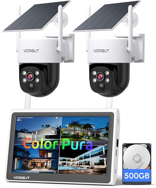 Solar Powered Security Camera System Outdoor with 10" Monitor, 2pcs 2K Wireless Cameras for Home Security, 360° Pan Tilt, True Color Night Vision, 2.4G/5G WiFi, 10CH NVR, 500GB HDD