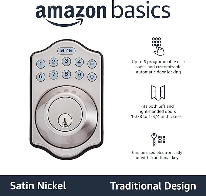 Amazon Basics Traditional Electronic Keyless Keypad Deadbolt Door Lock, keyless Entry Door Lock, Keyed Entry Option, 1-Pack, Satin Nickel