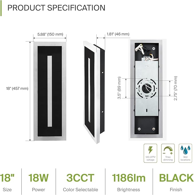 ASD LED 18" Long Wall Mount Light Fixture, Outdoor & Indoor Linear Sconce | 3CCT, Dimmable, Waterproof, Anti-Rust, ETL Listed | 18W 1180LM 3000-5000K 100-277V | Exterior Porch Lighting | Black