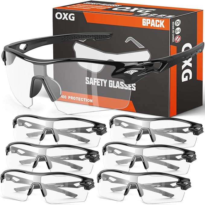 OXG 6 Pack Safety Glasses, Scratch Resistant Wraparound Lenses ANSI Z87.1 Protective Eyewear for Unisex