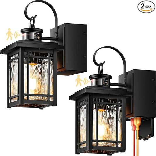 2-Pack Front Porch Light with GFCI Outlet, Black Motion Sensor Outdoor Light Fixtures Wall Mount, Exterior Wall Sconce with Adjustable Sense Range, 100% Aluminum Coach Lantern for Garage, Patio