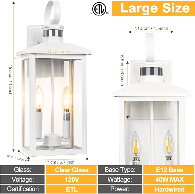 White Motion Sensor Light Outdoor, 18" ETL Listed Outdoor Lights with Sensor Detection, 2-Light Aluminum White Exterior Light Fixture with E12 Socket, Outside House Lights Wall Mount