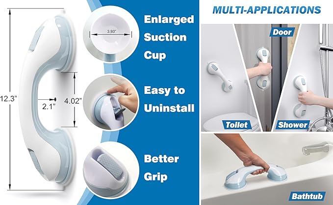 AirTight® Grab Bars for Shower Heavy-Duty (2Pack) 12.3-Inch ADA Compliant Grab Bar for Seniors Shower Handles for Elderly Suction Handicap Safety Handrail for Bathroom Bathtubs Toilet Tiles Glass