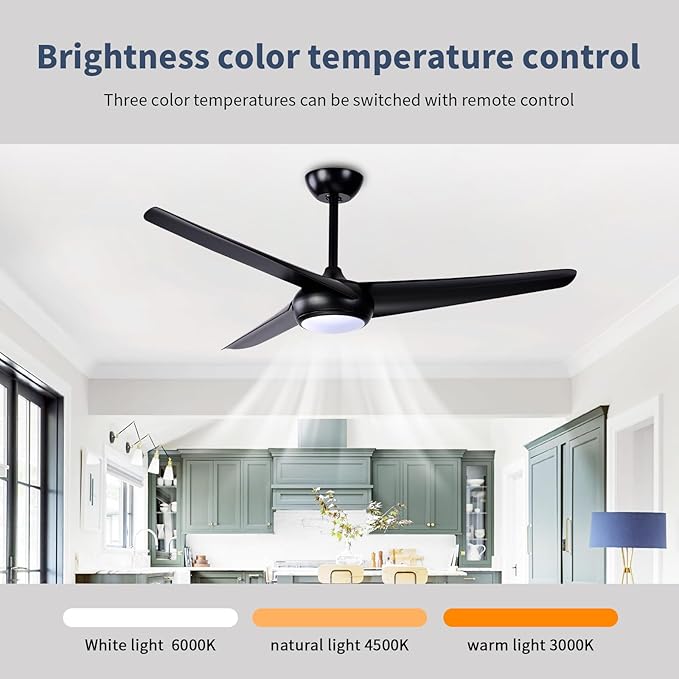 KINDLOV 52 inch Ceiling Fans with Lights and Remote,Outdoor Ceiling Fan with Light,6 Speeds,3CCT,Reversible Black Ceiling Fan for Bedroom Patio Living Room,Indoor/Outdoor Use