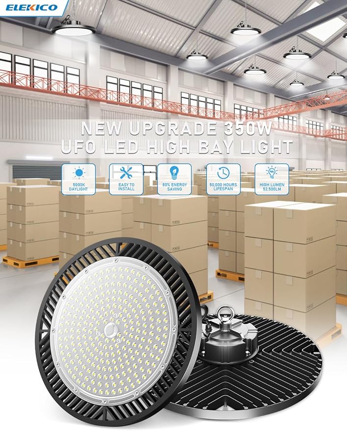 Upgrade 350w Led Shop Lights, 6 Pack Super Bright 52500lm 5000k UFO Led High Bay Light, High Bay Led Shop Lights with Us Plug 5' Cable for Garage Workshop Factory Barn Gym Warehouse