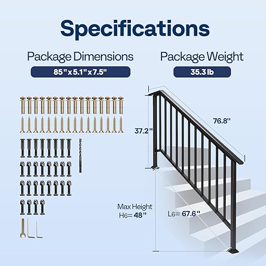 VIVOHOME 2-Pack 6 Step Galvanized Steel Hand Rails for Outdoor Steps – Black Oval and Safety Balusters Exterior Railing for Porch, Deck, or Indoor Stairs, Complete Installation Kit