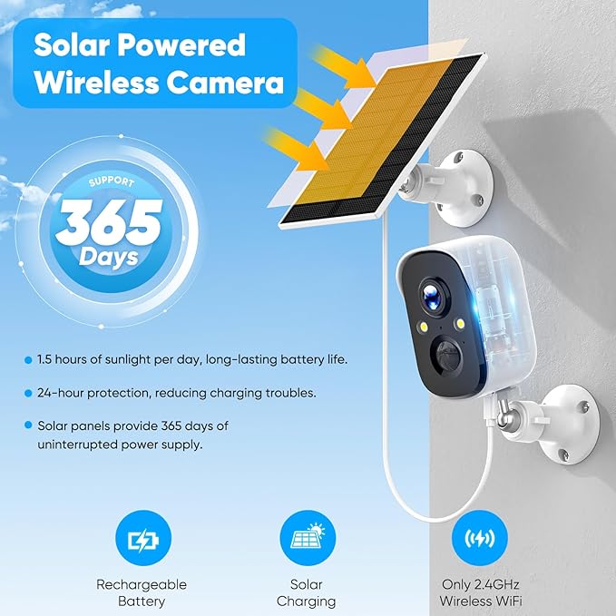 Solar Security Cameras Wireless Outdoor,2K Solar Camera Wireless for Home, 2.4GHz WiFi,Color Night Vision,Two-Way Talk,IP66 Waterproof,Two Spotlights,Cloud/SD(2 Packs,White)
