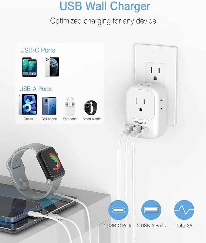 USB Wall Charger, TESSAN Wall Plug Adapter Outlet Extender, 3 Charger Block (1 USB C Port), Multi Charging Station for Cruise, Bathroom, Office, Dorm Essentials, White