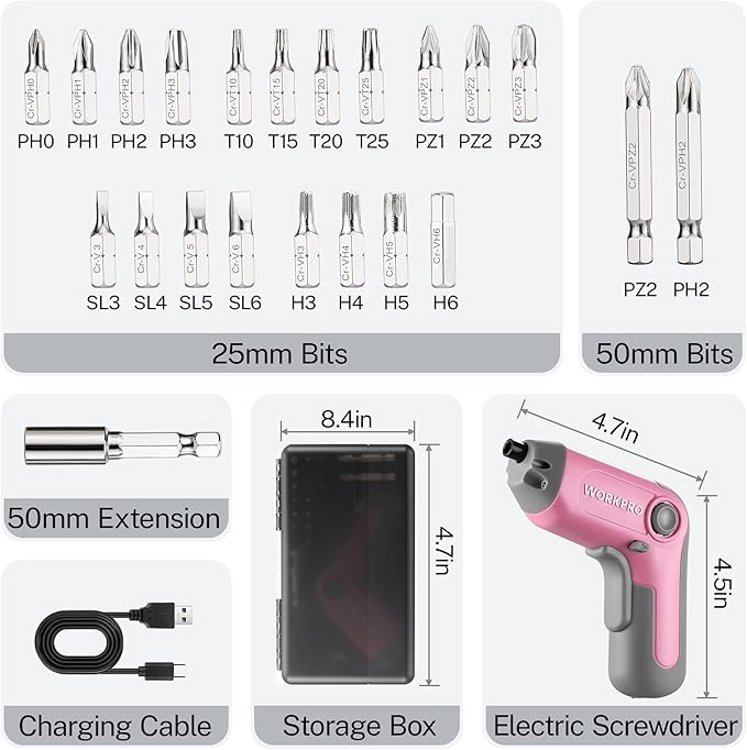 WORKPRO Electric Cordless Screwdriver with Offset Driving Shaft, 3.6V Automatic Rechargeable Screw Driver with 22PCS Bits, Battery Powered Automatic Screw Gun with LED Light & Carry Case - Pink Ribbon