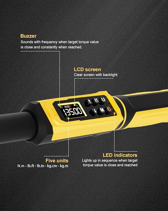 Digital Torque Wrench 3/8" Drive, 1.5-99.5 FT.Lb - 5 Units with Color Screen, Vibration/Buzzer/LED, 5" Extension & 3/8 to 1/2 Adapter, 3/8 Torque Wrench ±2% Accuracy for Car, Motorcycle, Bike Repair