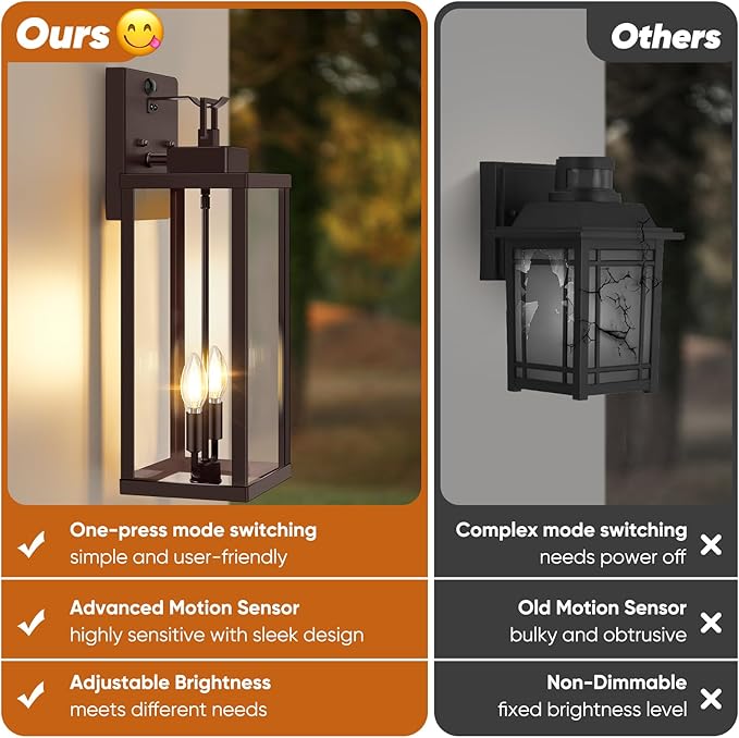 BesLowe 18” Upgraded Motion Sensor Outdoor Wall Lights, Dusk to Dawn Porch Lights Outdoor Wall Sconces, 3 Lighting Modes Exterior Lighting Fixtures with Hooks, Brown Outside Lights for House, 2-Pack