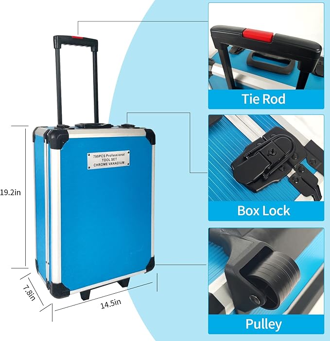 Arcwares 799pcs Aluminum Trolley Case Tool Set Silver, House Repair Kit Set, Household Hand Tool Set, with Tool Belt