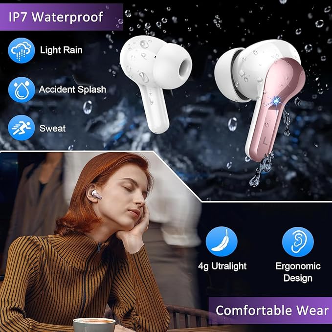 Wireless Earbuds, Bluetooth Headphones 5.3 HiFi Stereo Ear buds with ENC Noise Cancelling Mics, 40H Bluetooth Earbuds with LED Display Charging Case, IP7 Waterproof Earphones for Android iOS, Rosegold