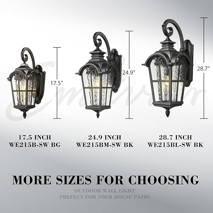 Emliviar Porch Outdoor Wall Lantern, Vintage Wall Mount Light Fixture with Water Ripple Glass, Matte Black Carriage Light for Yard, Barn, Patio, WE215BM-SW BK