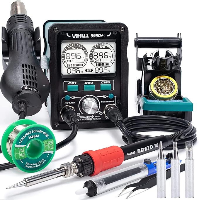 YIHUA 995D+ EVO Soldering Hot Air Station Kit 2-IN-1 110W Soldering Iron with LCD Display, Power Meter, Preset Channels, Sleep Mode, °C-°F Conversion, Automatic Shutdown Functions