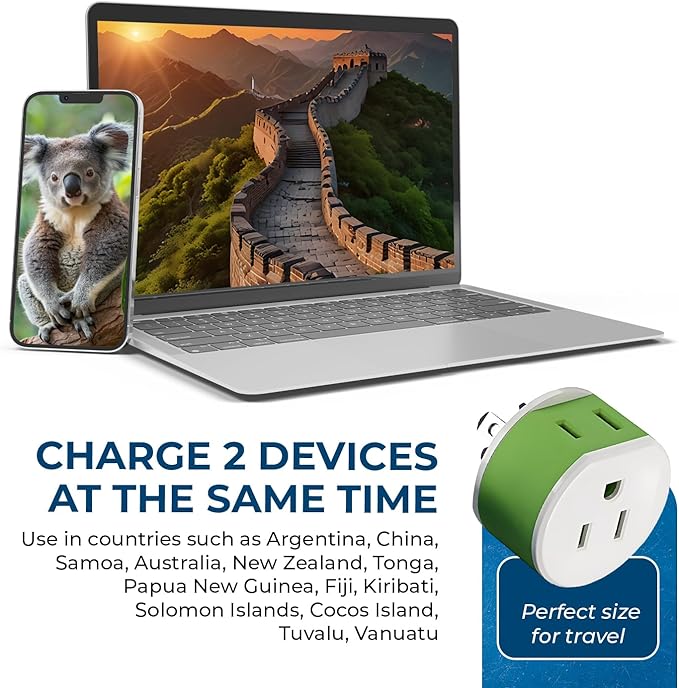 OREI Australia, New Zealand, China Power Plug Adapter with 2 USA Inputs - Travel 3 Pack - Type I (US-16) Safe Grounded Use with Cell Phones, Laptop, Camera Chargers, CPAP, and More