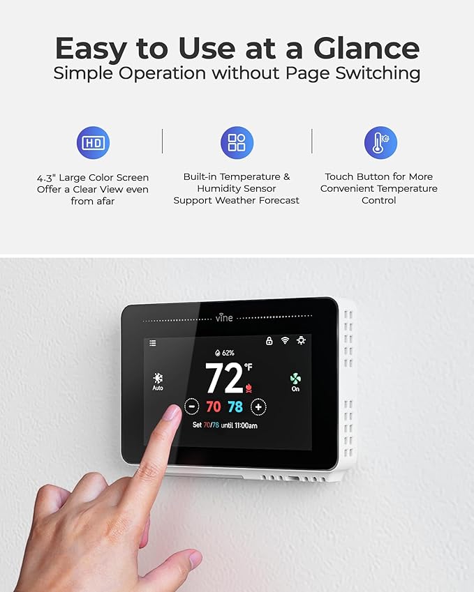 Vine Smart Thermostat for House with Nightlight, 4.3 Inches WiFi Thermostats for Home Work with Alexa and Google Assistant, 7day x 8period Programmable, C-Wire Required