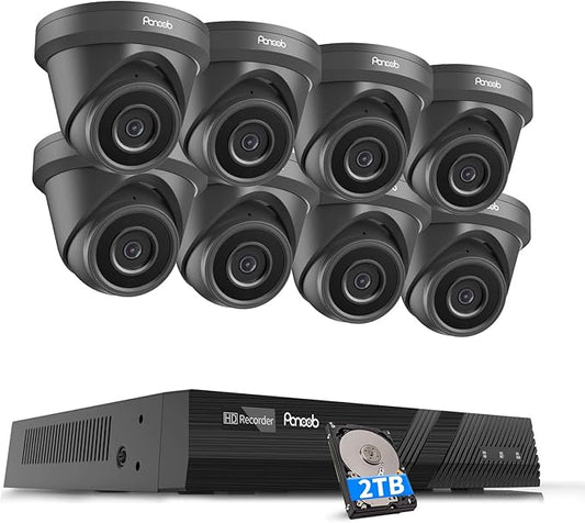 PoE Security Camera System 8 Channel, 8X 8MP Wired IP Dome Turret Camera for Indoor Outdoor, Remote Access, Smart AI Human Vehicle Detection, Built-in Mic, 4K 8CH NVR 2TB HDD, PD93A30808-8M