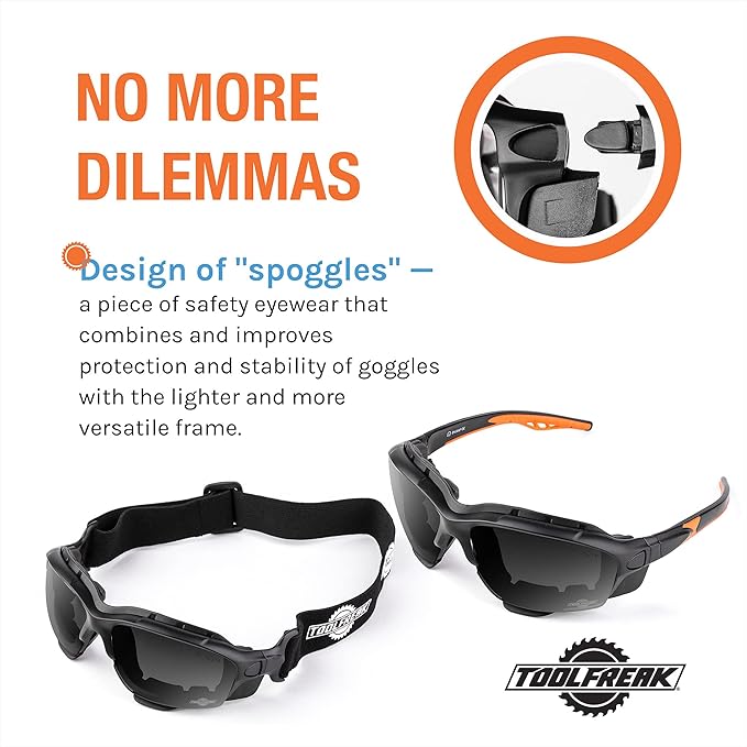 ToolFreak Spoggles, Safety Glasses and Protective Goggles, Eyewear Foam Padded for Comfort and Better Protection, ANSI Z87 Rated, Smoke Tinted Polycarbonate Lens with Impact and UV Rating