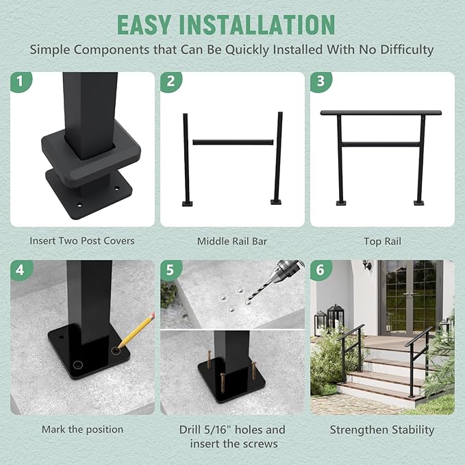 2 Pack Hand Rails for Outdoor Steps,1-2 Step Railing for Stairs,Adjustable Porch Railing,Hand Rails for Seniors,Outdoor Deck Handrails for Exterior Steps,Black