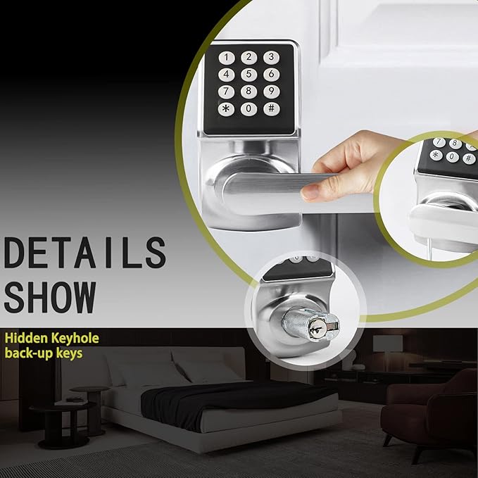 BAOLONG Keyless Entry Door Lock, Electronic Keypad Door Lock with Handle, Digital Door Lock with keypads, IC Card and Key, Easy Installation for Home, Hotel, Satin Nickel