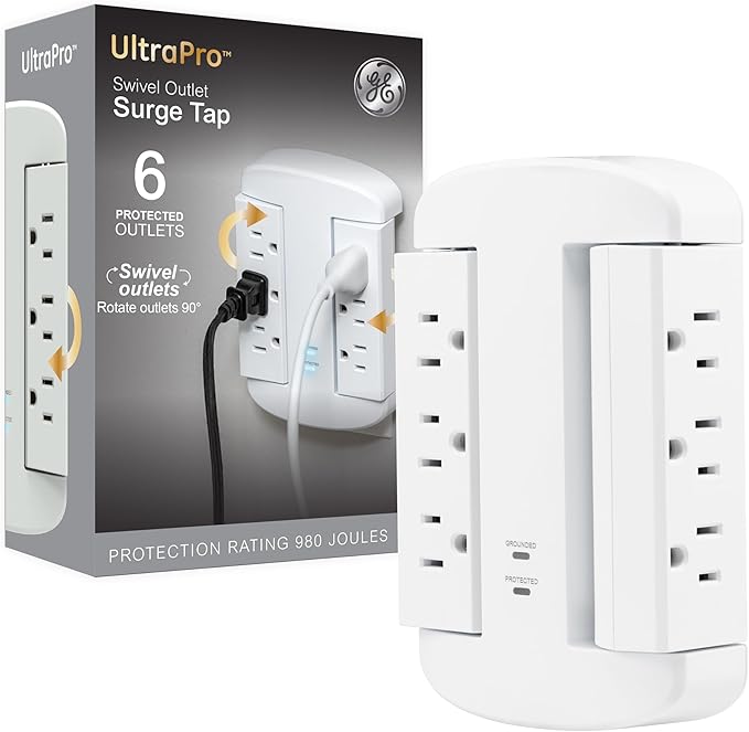 GE 6-Outlet Extender, Surge Protector, Swivel Side Access, Wall Tap Adapter, 3-Prong, 980 Joules, ETL Listed, White, 81781
