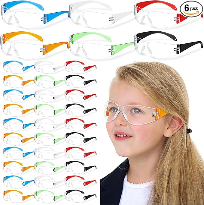 Patelai 6 Pcs Kids Safety Glasses Bulk Eye Protection Goggles Scratch Resistant for Science Class, Lab, Sports, Child Youth Size