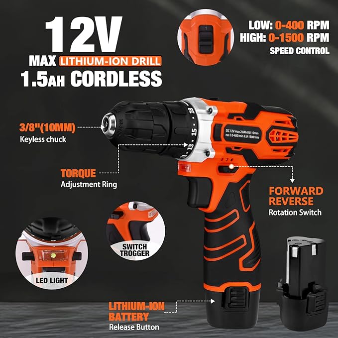 255-Piece Tool Set - Tool Kit with 12V Cordless Drill Driver, Toolbox Storage Case with Drawer, General Household Drill Set for DIY Projects, Home Repairs, Handyman