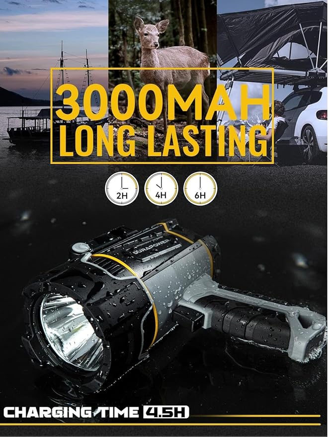Durapower Rechargeable Spotlight, 3000 Lumens LED Handheld Spotlight, 7800mAh Long Lasting IP67 Waterproof Flashlight Portable for Marine Boat Hunting