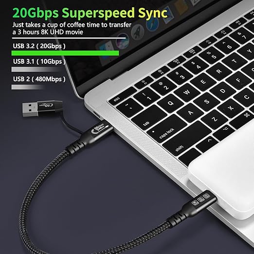 CABLEDECONN USB2.0 A to USB C 3.2 Type C 20Gbps Male to Male Detachable 1m 3.3ft Cable Data Extension 10Gbps 240W Fast Charge 8K Ultra HD Video Data Connection Power Line