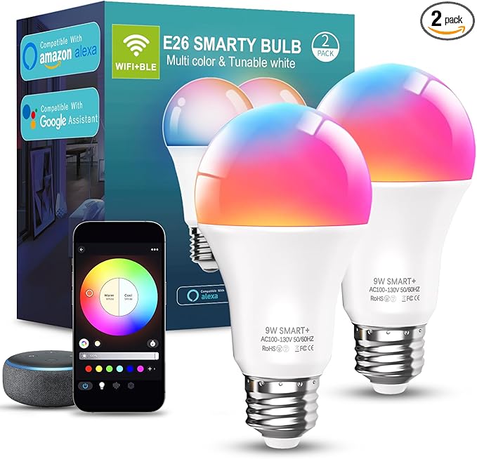 luckystyle Smart Light Bulbs, 9W A19 E26 800LM WiFi Bluetooth LED Bulbs Compatible with Alexa, Google Assistant & Home, 16 Million Colors Music Sync Color Changing Dimmable RGBWW Lights Bulb (2)