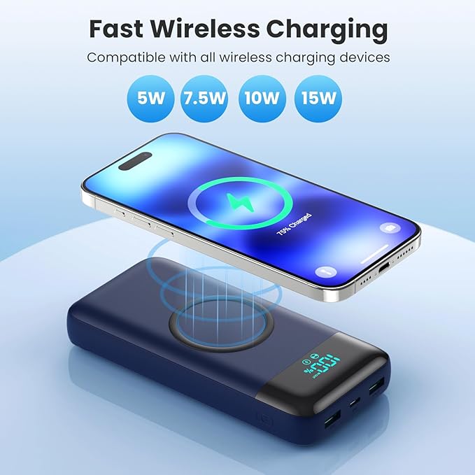 Wireless Portable Charger 40800mAh for iPhone with 3 Built-in Cables,7-in-1 15W Wireless Charging USB C Power Bank,LCD Display 25W PD QC 4.0 Fast Charging Battery Pack for iPhone 16/15/14 -Dark Blue