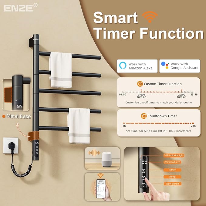 ENZE Smart Rotating Heated Towel Rack for Bathroom, Wall-Mounted Electric Towel Dryer with Swivel Bars, Smart Timer, Low Carbon Steel, IPX5, Plug-in/Hardwired, Towel Warmer with Wi-Fi App Control