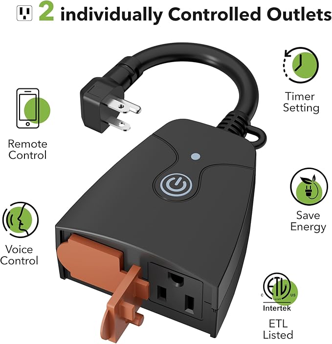 Outdoor Smart WiFi Plug, HBN Heavy Duty Wi-Fi Timer with Two Grounded Outlet, Wireless Remote Control by App Compatible with Alexa and Google Home Assistant 2.4 GHz Network only, ETL Listed (1 Pack)