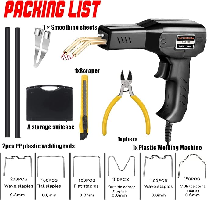 Plastic Welder,2 in 1 Plastic Welding Repair Kit with 1000pcs Hot Staples,2pcs Plastics Welding Rods,knife,Plier, Hot Staples Weld Gun Repair Kit for Car Bumper And Most Plastics(Black)