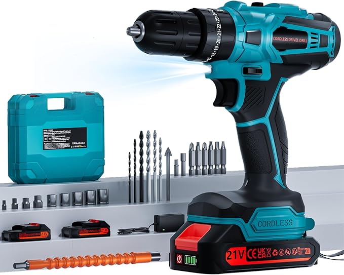 Cordless Drill with 2 Batteries and Charger, 21V Electric Drill Cordless, Portable Power drill Set, 3/8" Keyless Chuck, 2 Variable Speed, 25+ 3 Clutch, 398 In-lb Max Torque