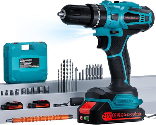 Cordless Drill with 2 Batteries and Charger, 21V Electric Drill Cordless, Portable Power drill Set, 3/8" Keyless Chuck, 2 Variable Speed, 25+ 3 Clutch, 398 In-lb Max Torque