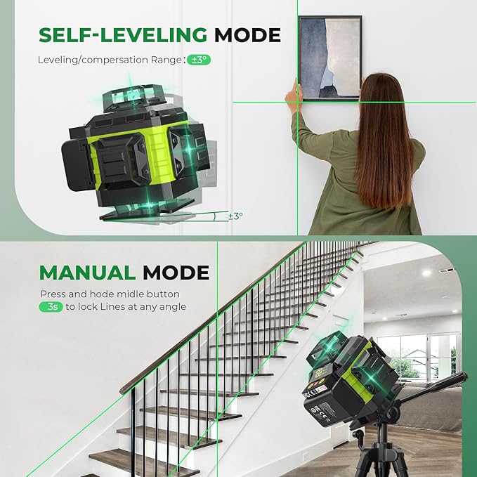 16 Line Laser Level 360 Self Leveling, 4x360°Professional 4D Green Cross Line laser Level with 2 Batteries, Adjustable Brightness & Remote Control, for Tiling Floor Construction and Picture Hanging