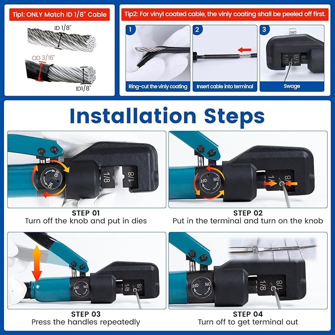 Muzata Custom Cable Railing Crimping Tool Hydraulic Crimper Hydraulic Crimping Tool for 1/8" Stainless Steel Cable Railing Kit Wire Rope Swaging Kit with Wire Cutter and Spare Dies CR09 CK12