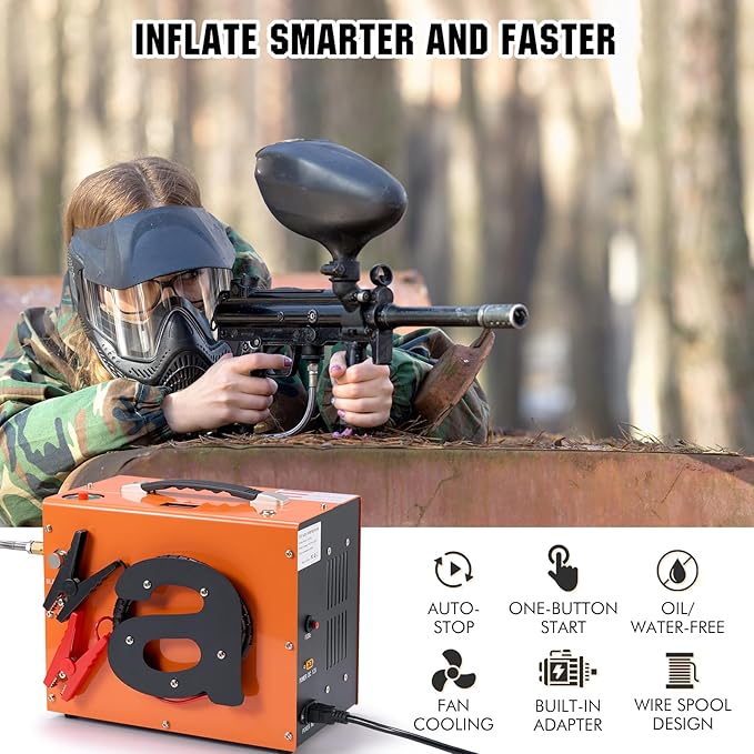 PCP Air Compressor with Auto Shut Down, Portable 4500Psi/30Mpa, Water/Oil-Free, One Button Start, Bursting Disc, 12V DC/120V AC PCP Airgun Compressor, Rifle/Pistol and Paintball Tank Air Pump (Orange)
