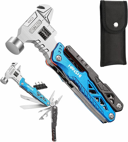 HANSHI Upgraded Adjustable Wrench Multitool Hammer with YG10 Tungsten Steel Replaceable Wire Cutters for Men,18 in 1 Pocket Multi Tool Knife with Spring-Action Pliers for Camping,Survival (Blue)