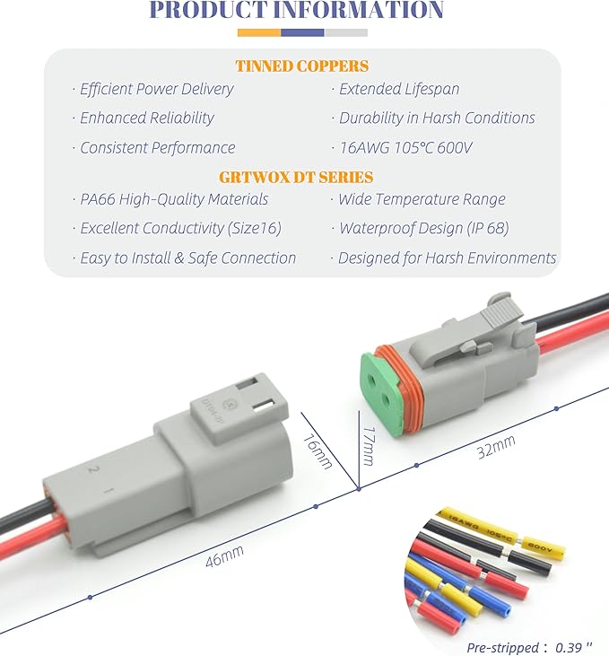 DT 2 Pin Connector Kit Waterproof Electrical Connector 16 AWG Male and Female Automotive Wire Connectors for Car Truck Boat, Dt Connector 6 Sets (2 Pin 6 Sets)