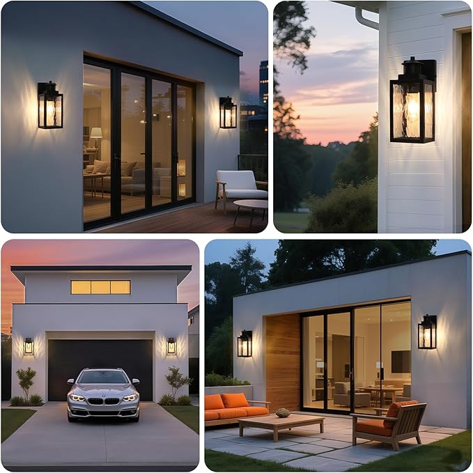 Brightever Motion Sensor Outdoor Lights Fixture, Dusk to Dawn Exterior Porch Light Wall Mount with Water-Rippled Glass, Black Modern Outside Wall Sconce Lanterns for House, Garage, Bulbs Not Included