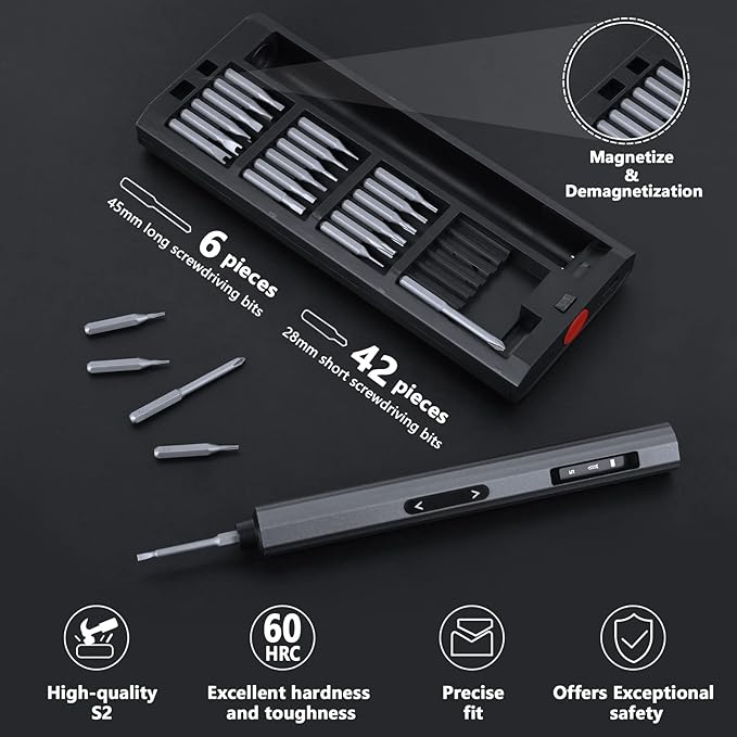 Precision Screwdriver Set, 5 Gear Torque, Mini Screwdriver Set with OLED Screen, Small Screwdriver Set Rechargeable with 48 multifunctional bits and shadowless LED lights, Aluminum Case
