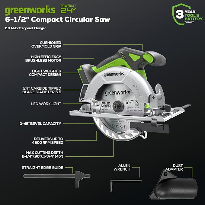 Greenworks 24V Circular Saw,Brushless 6-1/2"Battery Circular saw Cordless,4,800 RPM,Adjustable Cutting Depth 45°/90°,With 24V 2Ah Battery and Charger
