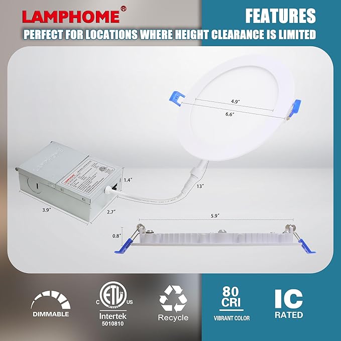 1-Pack of 6-Inch Slim LED Recessed Lights with Junction Box, Adjustable Color Temperatures (2700K-5000K), 12W Equivalent to 110W, Dimmable, 1050LM Brightness - ETL and Energy Star Certified